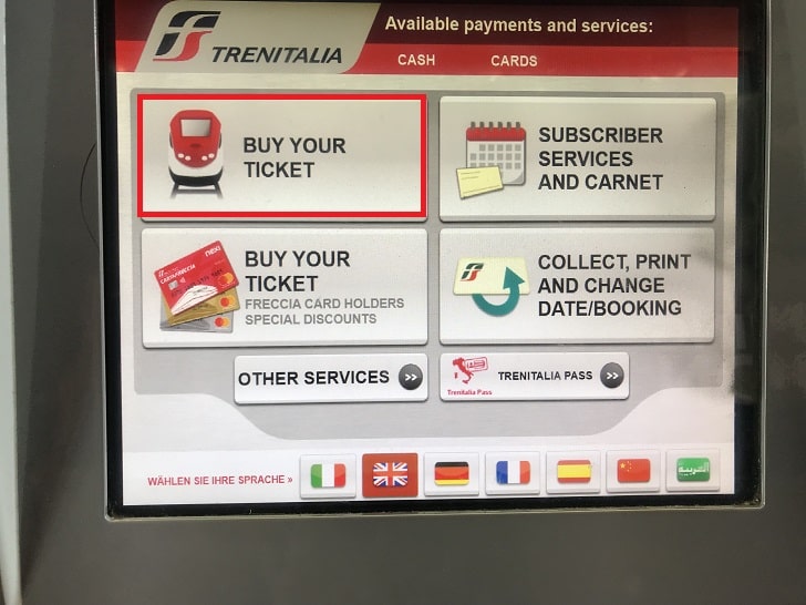 ローマの券売機でのチケット購入手順