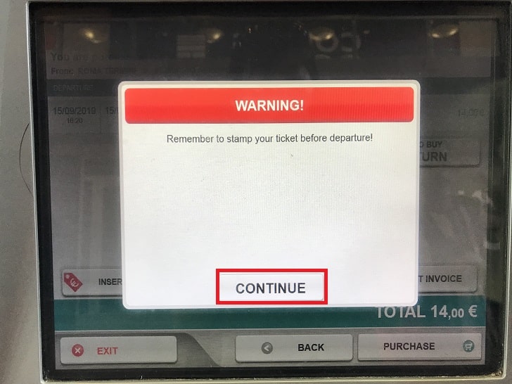 ローマの券売機でのチケット購入手順